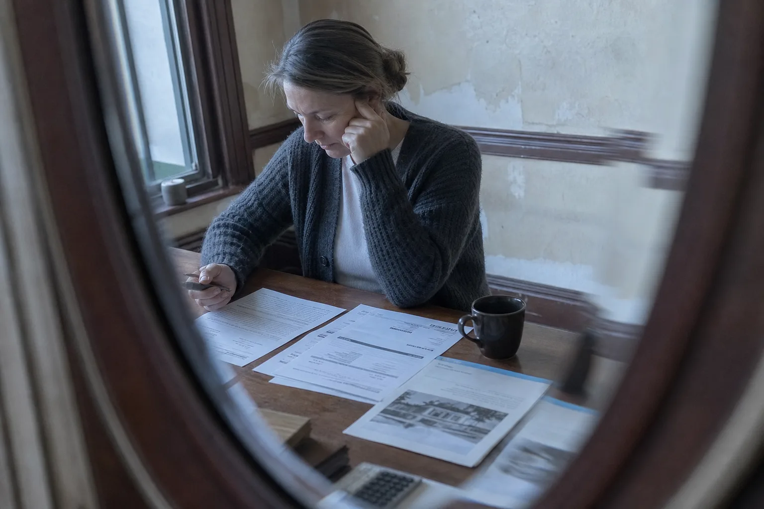 A homeowner at a kitchen table with an insurance declarations page, a renewal notice and a contractor's estimate spread out, an older house's plaster wall an...