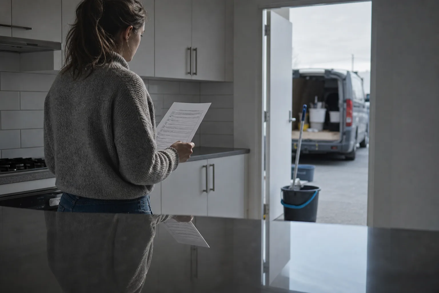 A tenant standing in an emptied apartment kitchen holding a printed move-out checklist, with cleaning equipment and a cleaner's van visible through the doorway