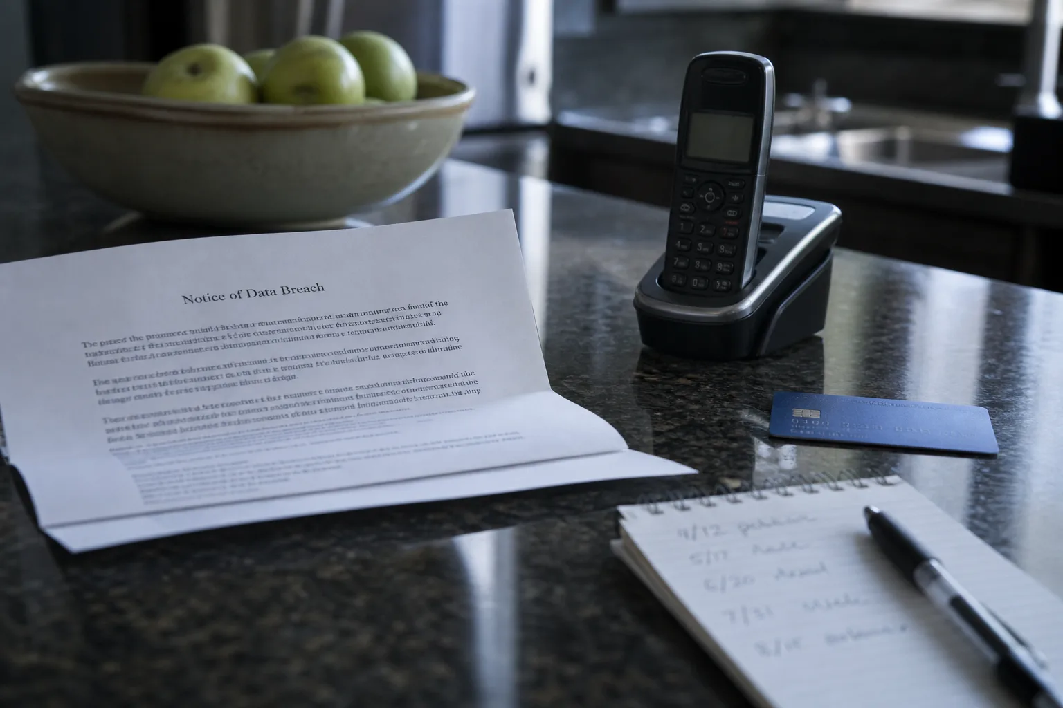 An opened breach notification letter on a kitchen counter beside a cordless phone, a credit card, and a handwritten notepad with dates