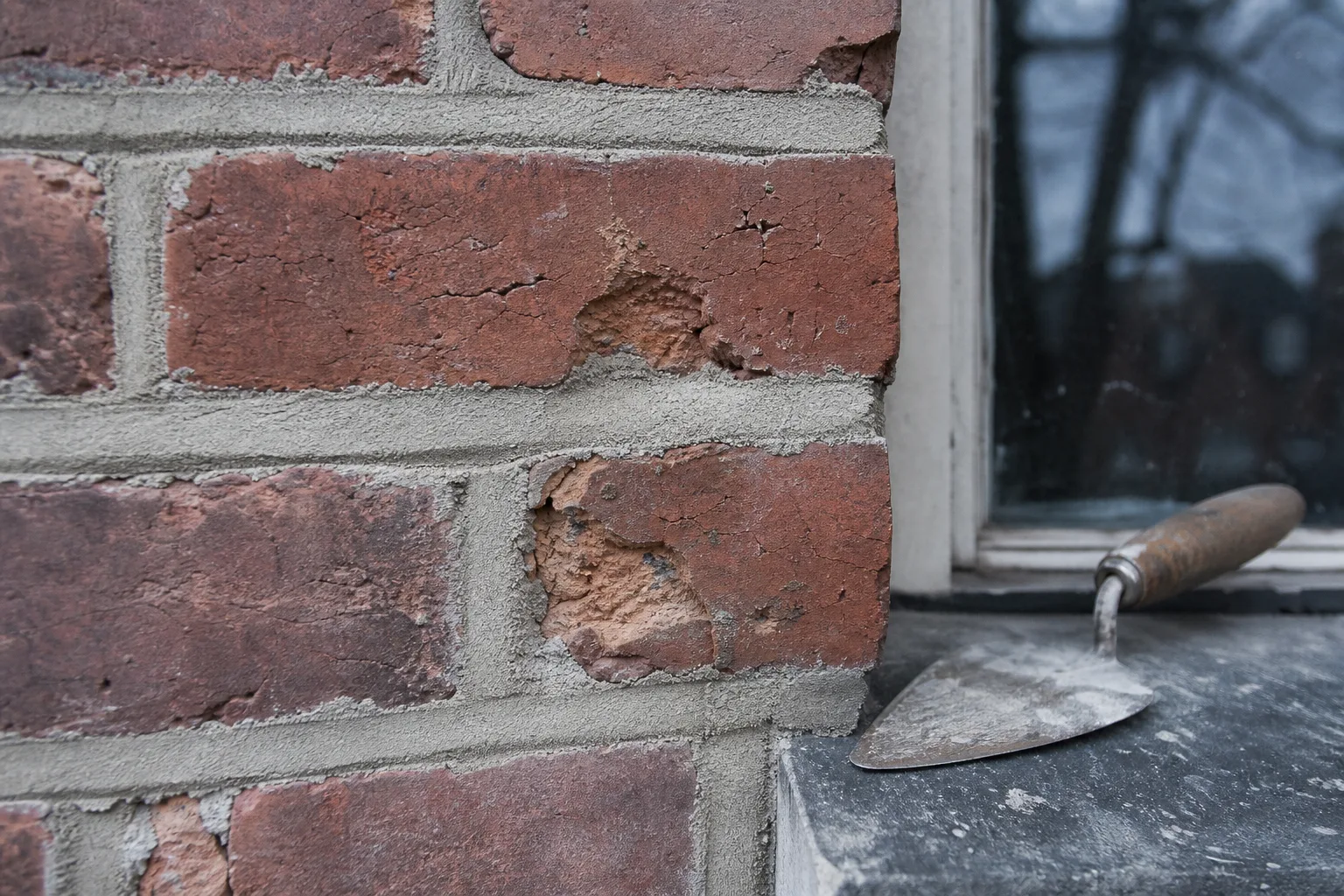 Close-up of a brick wall on an early twentieth century house where recently repointed cement joints stand proud and several brick faces have spalled away, wi...