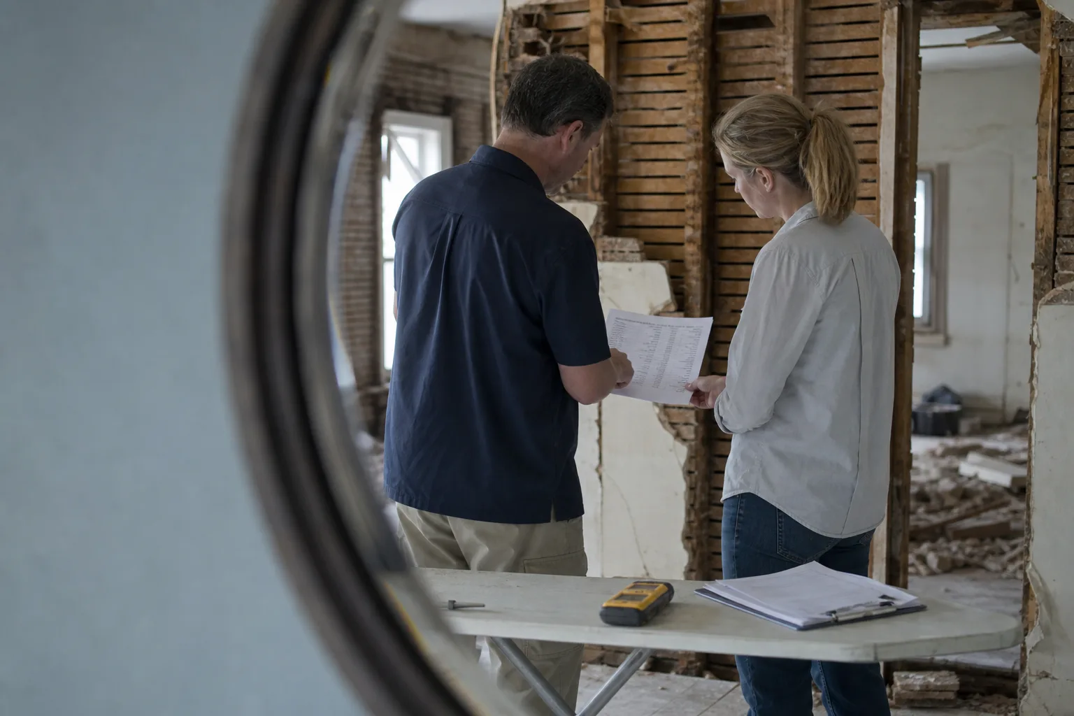 A homeowner and an insurance adjuster standing in a partially demolished room of an old house, comparing a printed line-item estimate against exposed lath an...