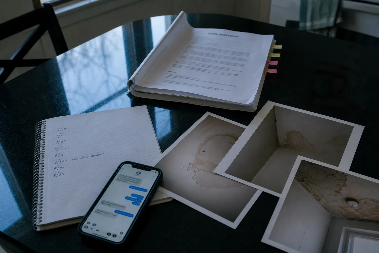 A tenant's kitchen table with an open lease agreement marked with sticky tabs, a spiral notebook showing handwritten dates, a phone displaying a text message...
