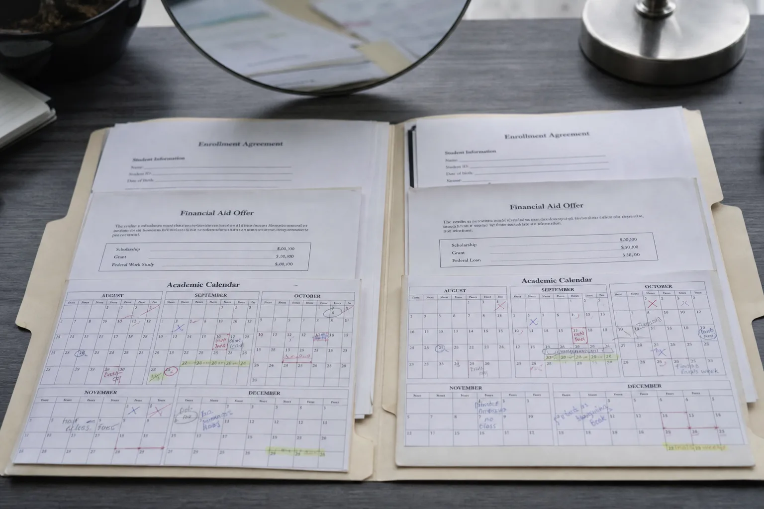 Two manila folders open side by side on a desk, each holding printed enrollment paperwork, an aid offer letter and a marked-up academic calendar