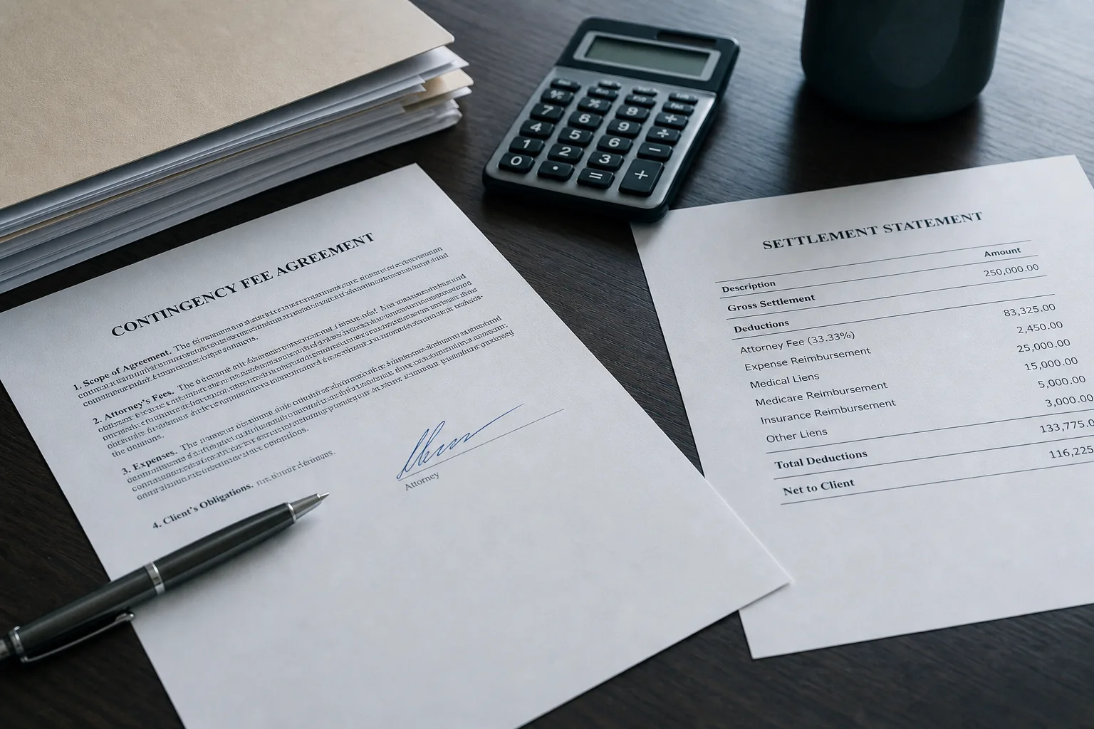 A signed contingency fee agreement on a desk beside a settlement statement, a calculator, and a folder of medical billing records