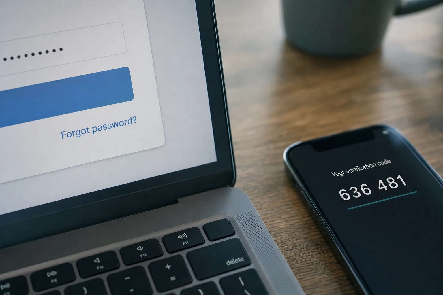 A close view of a login screen's forgotten password link on a laptop, with a phone showing a verification code beside it on a wooden desk