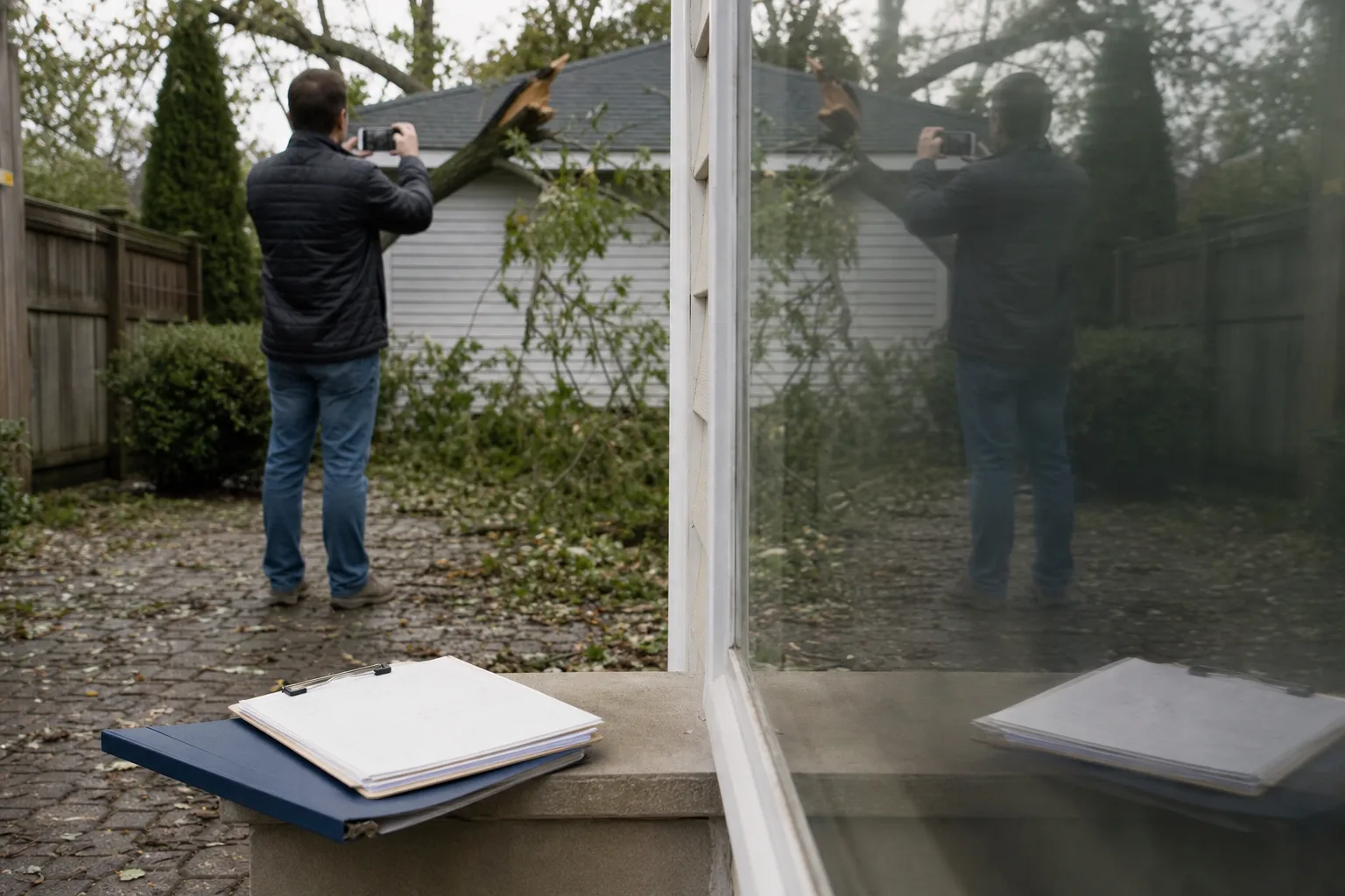 A homeowner standing in a suburban side yard photographing a fallen tree limb resting against a garage roof, with a clipboard and a folder of documents on a...