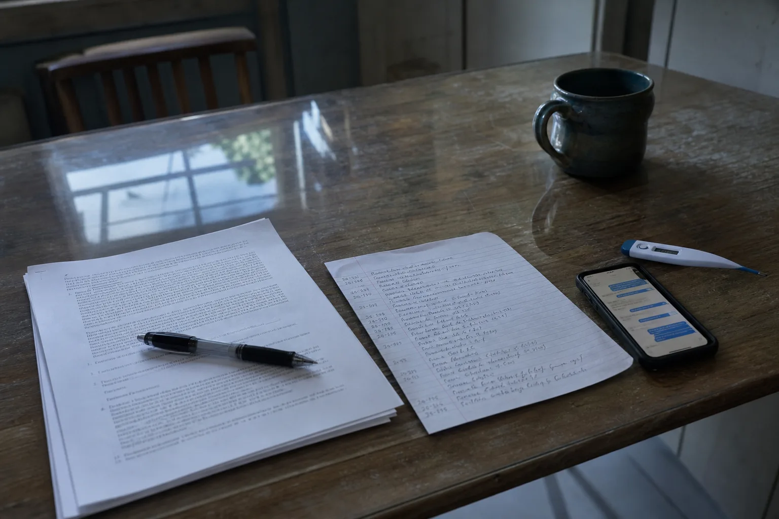A kitchen table in an old house with a printed contract, a handwritten dated chronology on lined paper, a phone showing a text thread, and a small digital th...