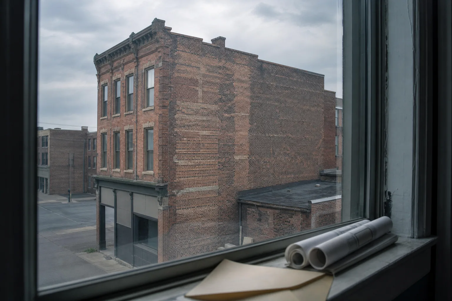 A three-story 1890s brick commercial building with an altered storefront, its rear wall showing patched repointing, with a folded engagement letter and rolle...