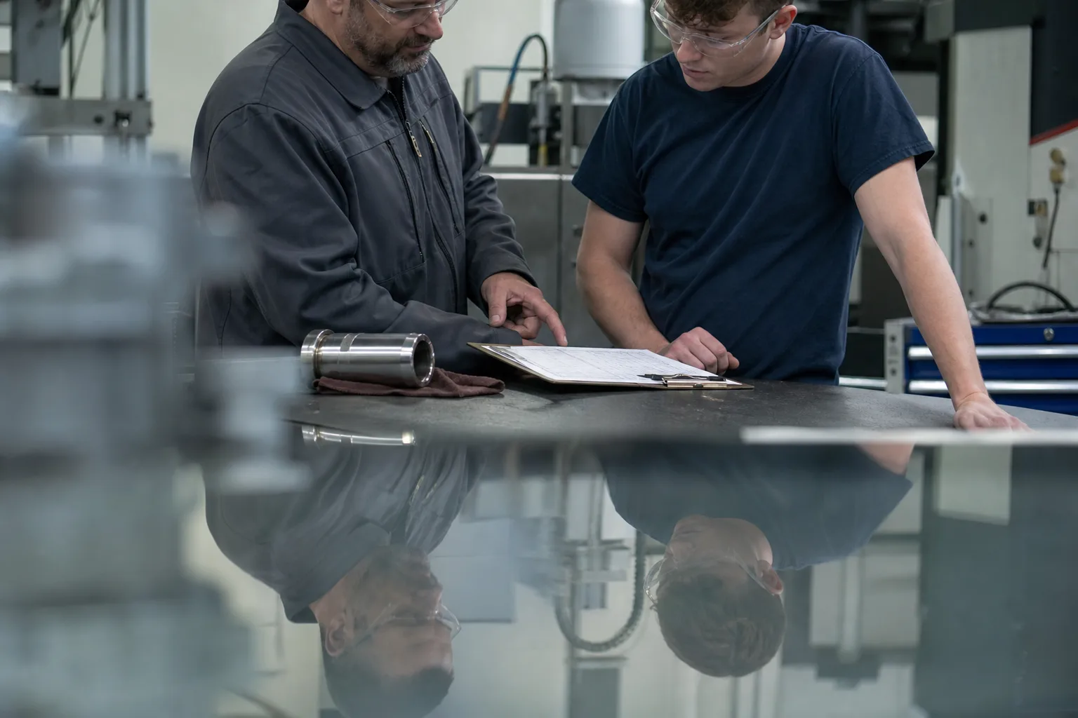 A clinical or workshop placement supervisor standing beside a student at a workbench in a working facility, with a clipboard of hour logs on the bench betwee...