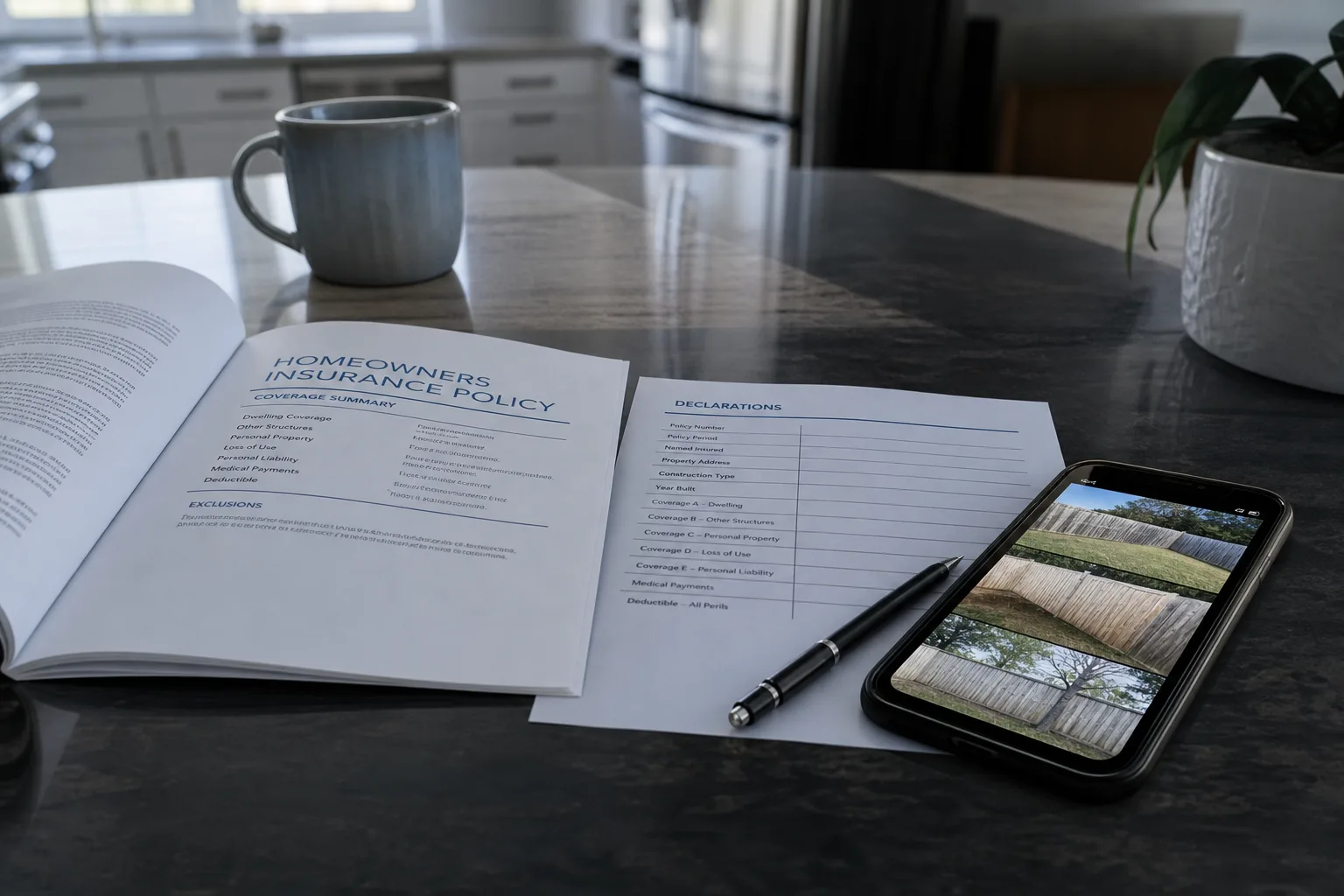 A homeowners insurance policy booklet open on a kitchen table beside a declarations page, a pen, and a phone showing photographs of a backyard fence line