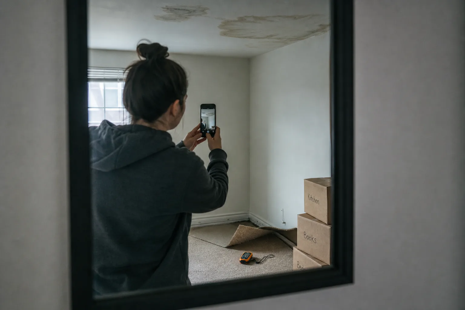 A tenant standing in a small apartment living room holding a phone, photographing a water-stained ceiling and a section of pulled-back carpet near the basebo...