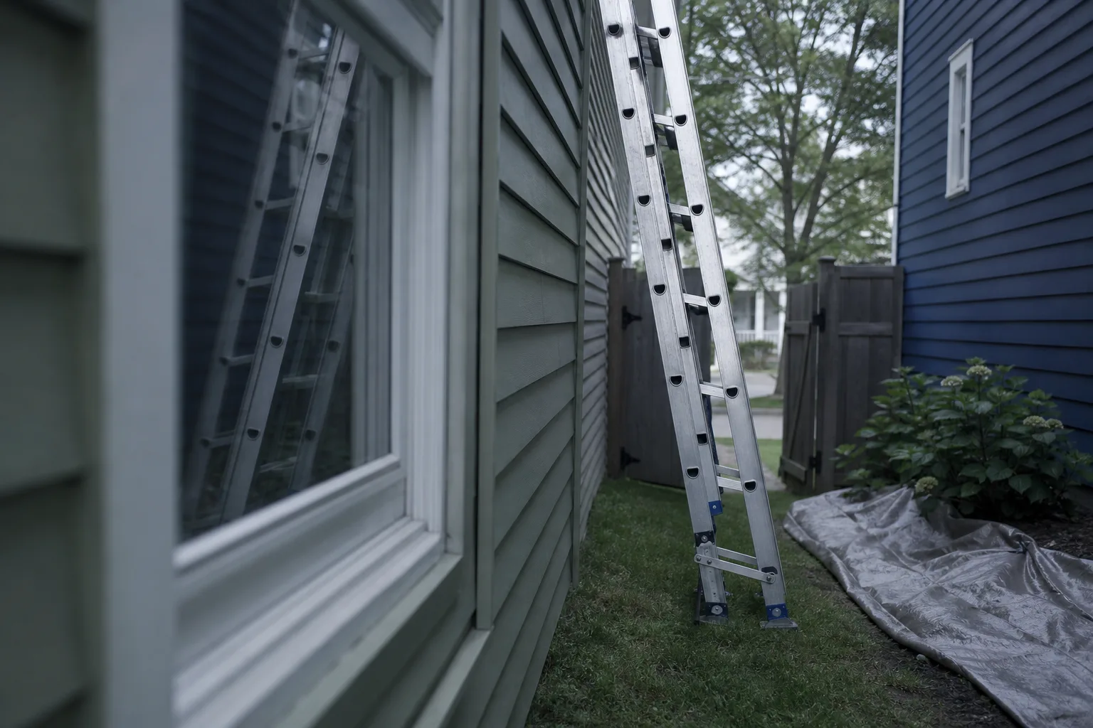 An extension ladder footed on a narrow strip of lawn between two closely spaced houses, with a side gate open and a tarp laid over the neighboring flower bed