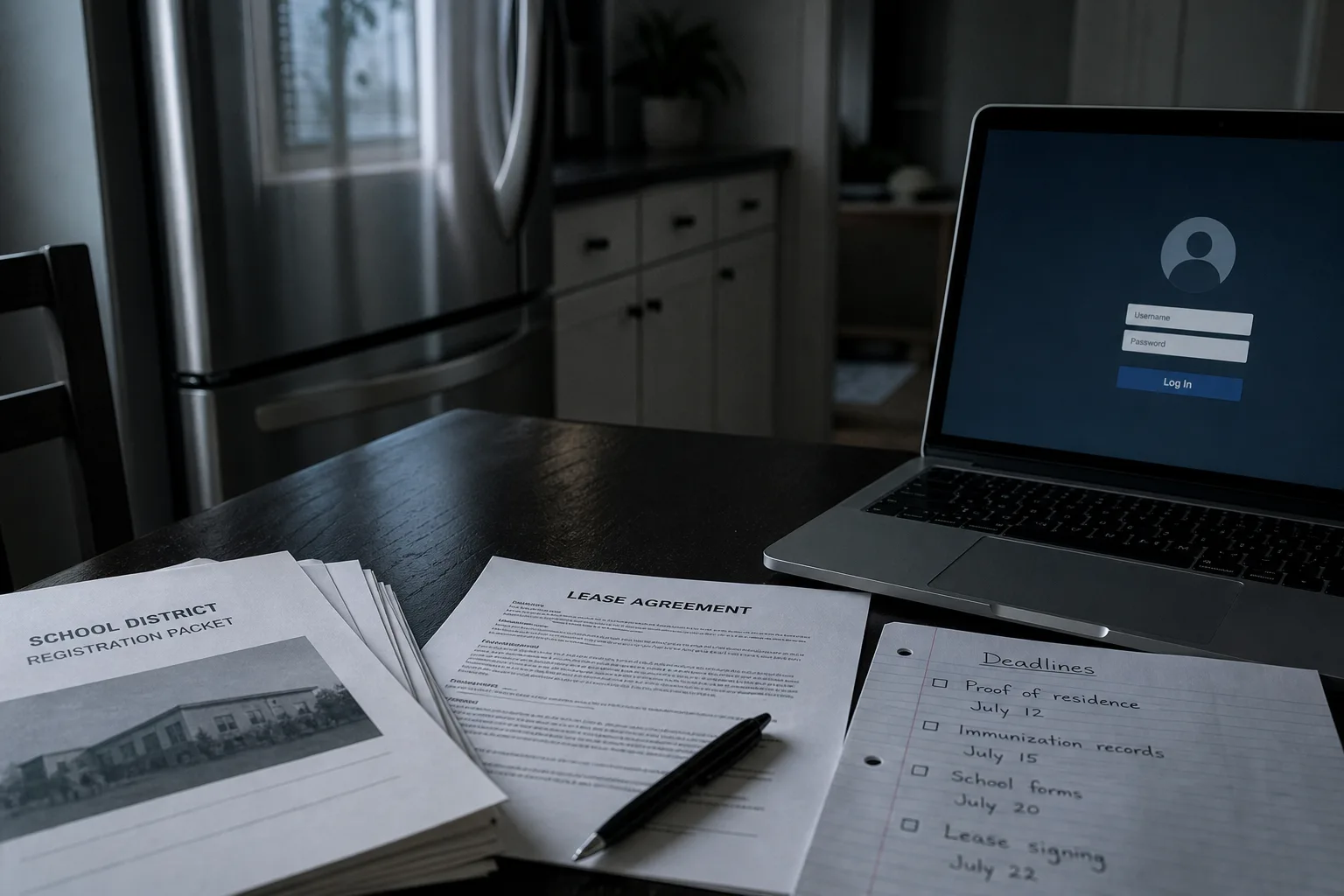 A kitchen table with a school district registration packet, a lease agreement, a laptop showing a login screen, and a handwritten sheet of deadlines